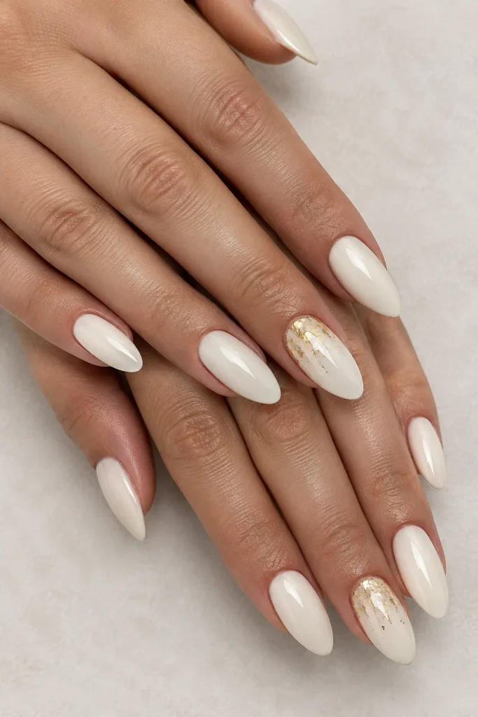 Ivory bridal nails decorated with delicate gold leaf flakes