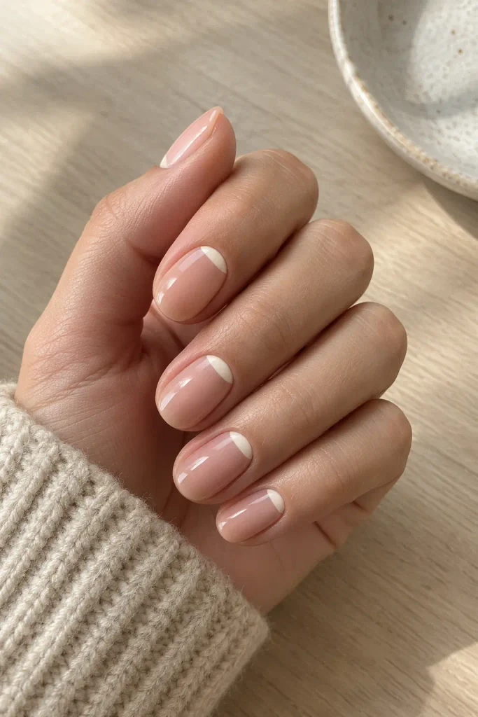 Ivory reverse French nails with warm nude polish base
