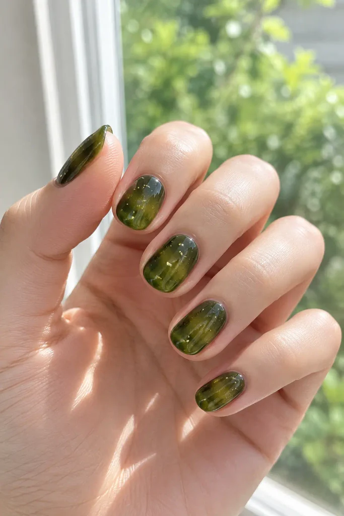 Sheer dark green jelly nails with translucent glossy finish