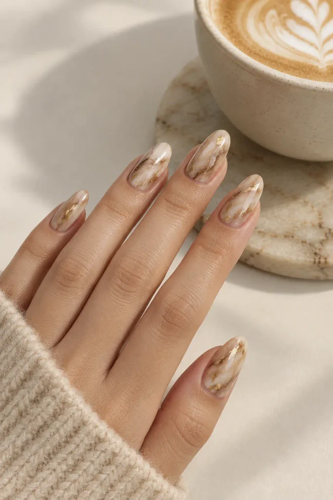 Latte marble swirl nails in creamy beige and brown