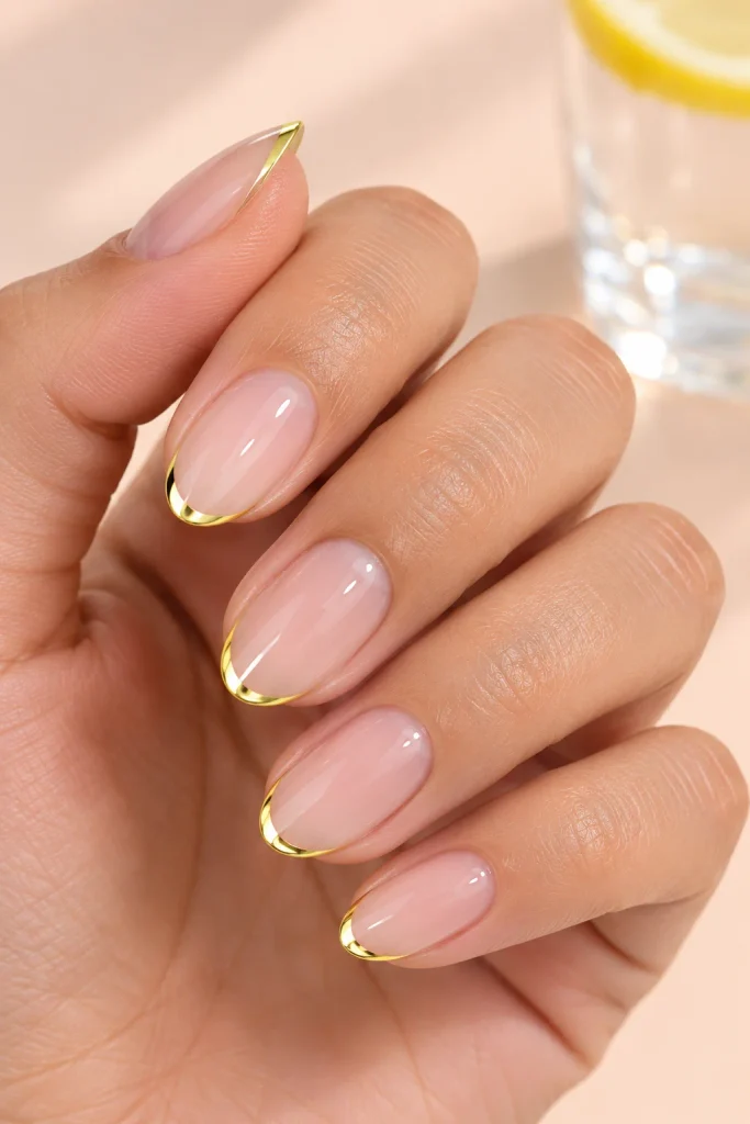 Short nails with lemon chrome micro French tips