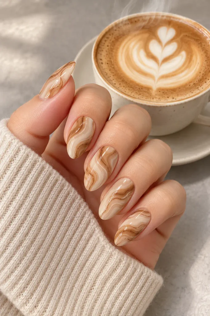 Almond nails with flowing cream tan and brown marble swirls
