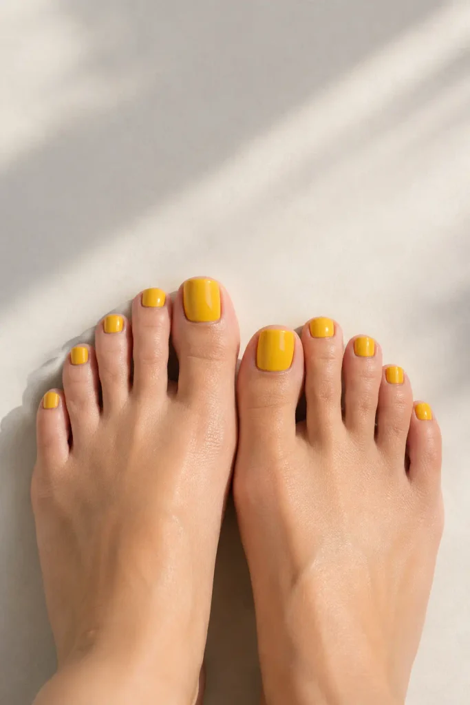 Marigold mustard toenails with bright glossy cream finish