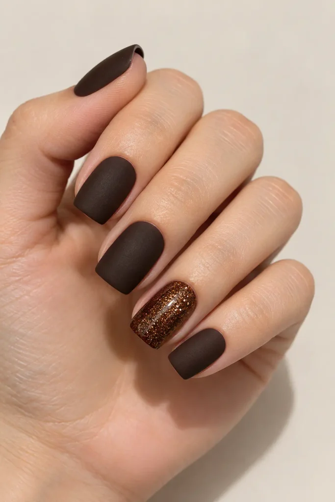 Matte black coffee nails with one glossy glitter accent