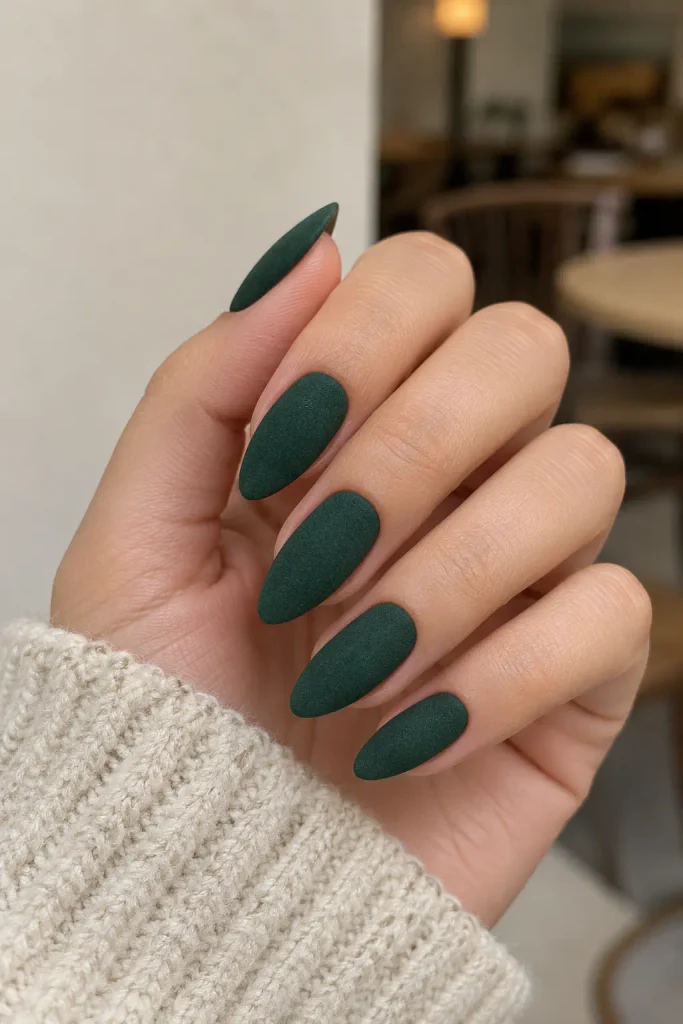 Matte bottle green nails with soft sophisticated autumn finish