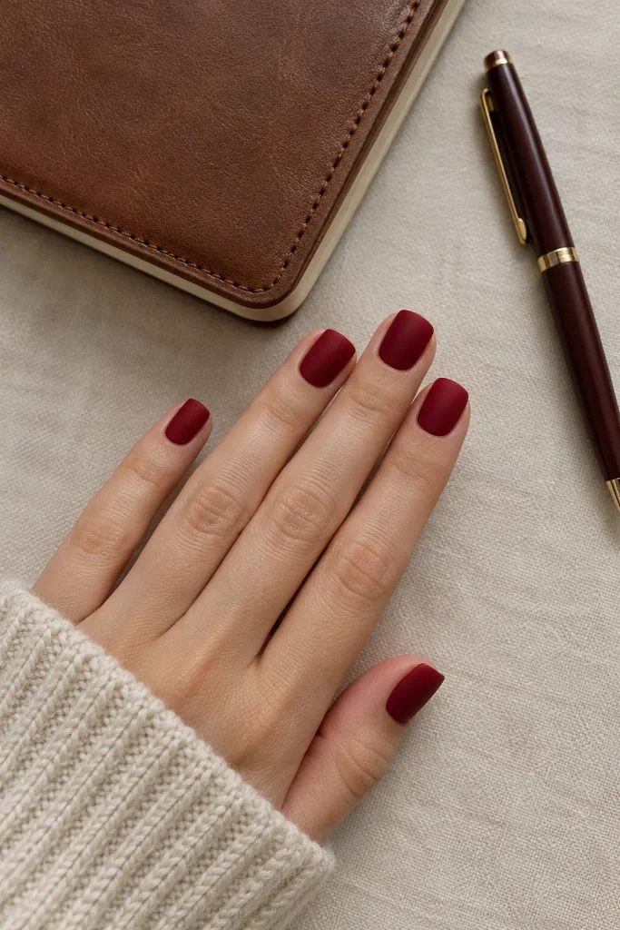 Matte cherry polish covering neat short square shaped nails