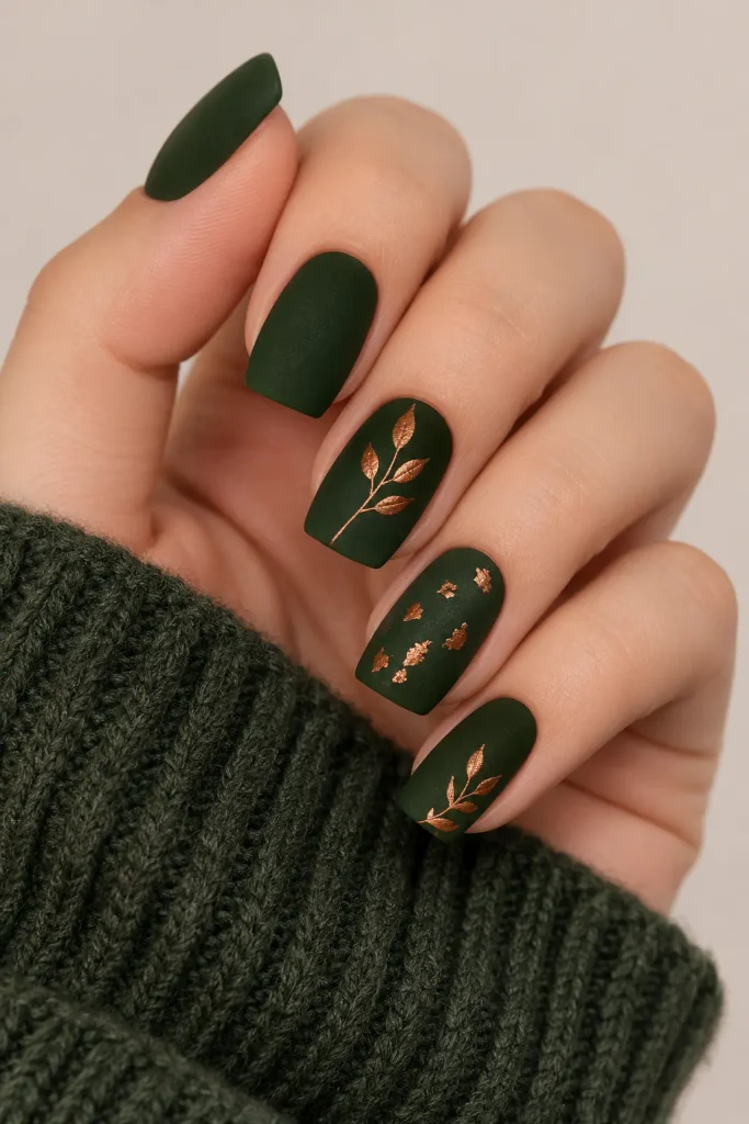 Matte forest green nails decorated with scattered copper leaves