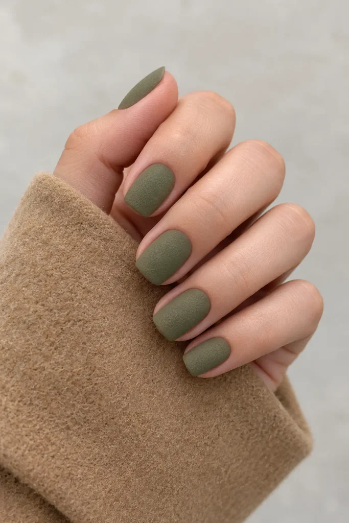 Short matte khaki green nails with a suede-like finish