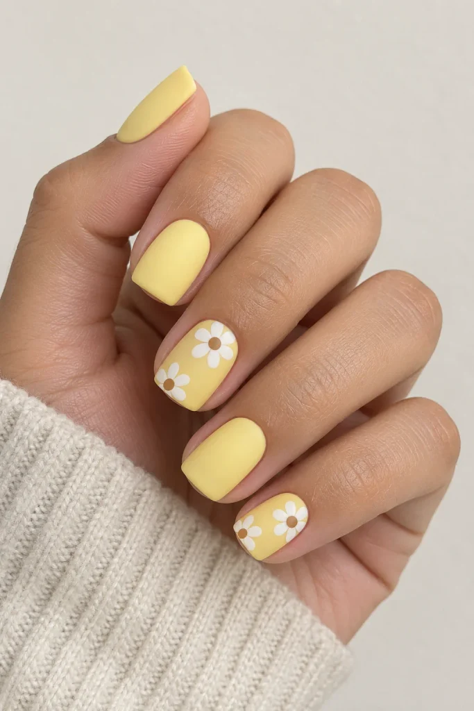 Matte lemon yellow nails with white daisy details