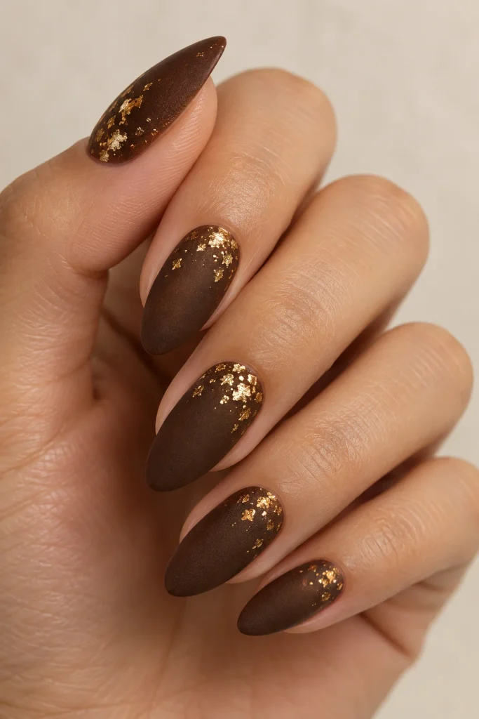 Matte dark mocha nails decorated with delicate gold foil