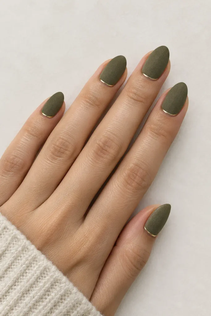 Short matte olive gel nails with fine gold lines