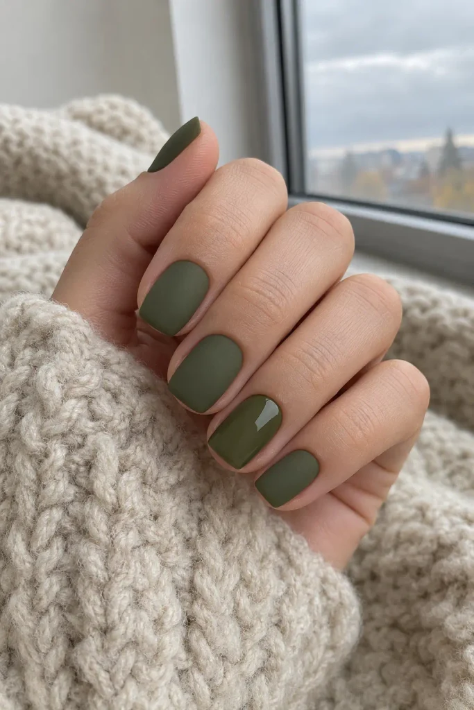 Matte olive green nails with one glossy accent nail