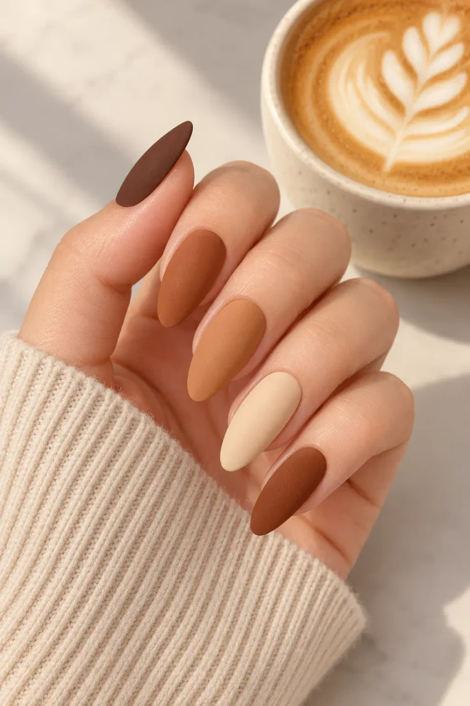 Matte almond nails blend caramel cinnamon and creamy autumn shades