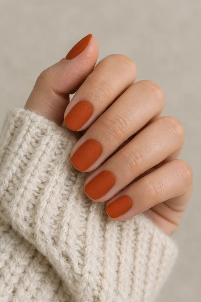 Matte burnt orange polish on short round autumn nails