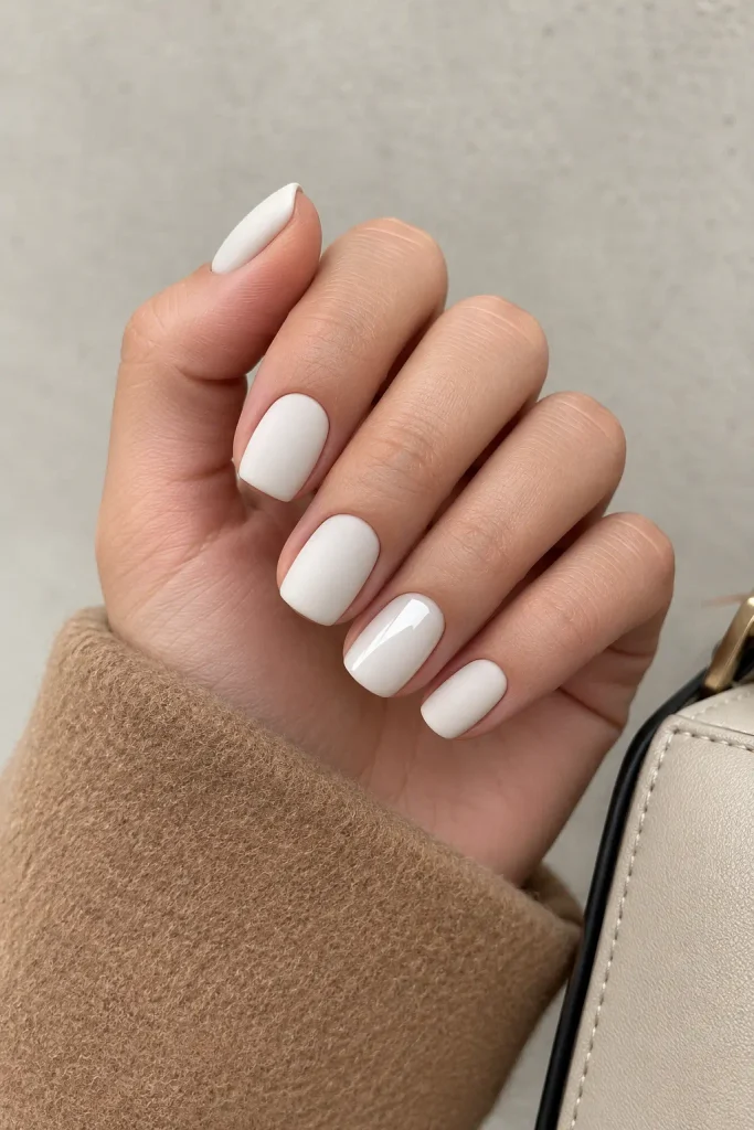 Matte white squoval nails with one glossy accent nail