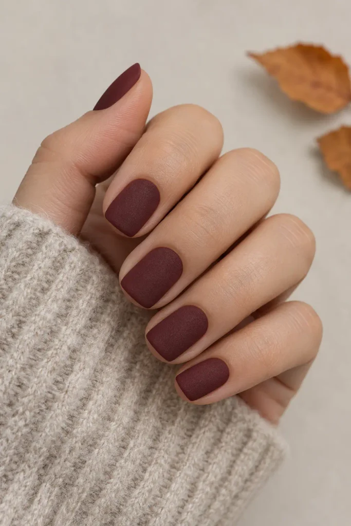 Matte wine square nails with smooth burgundy polish