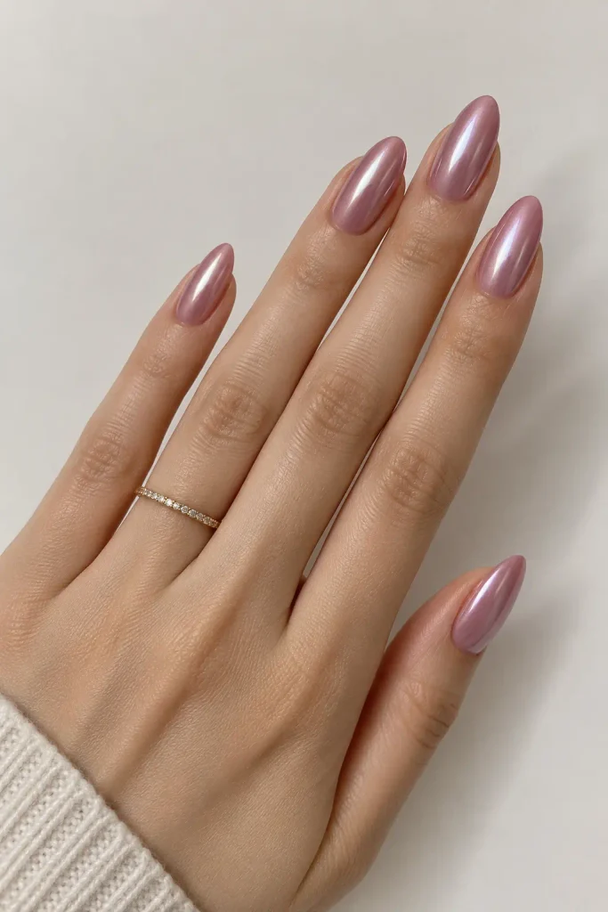 Mauve pink nails featuring a luminous pearly glaze