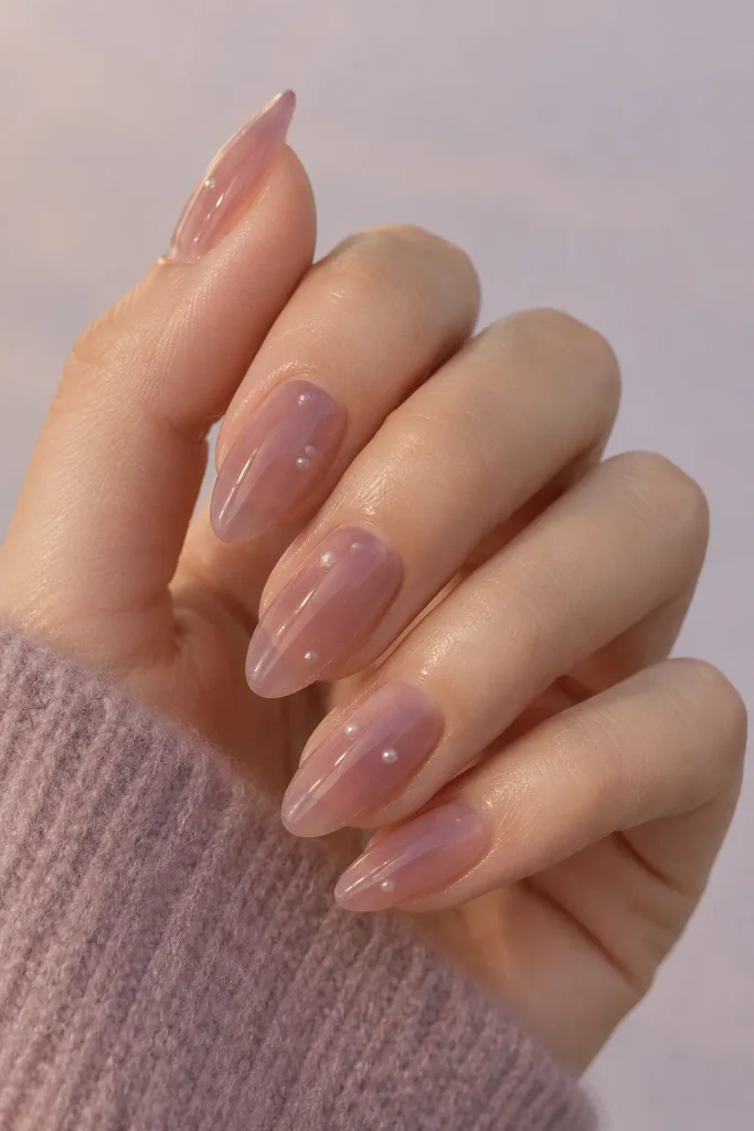 Mauve rose almond nails with a sheer glossy finish and soft autumn tones.