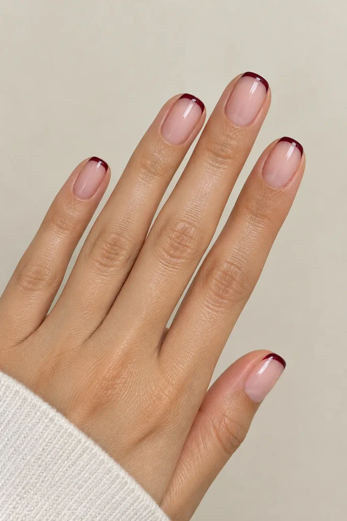 Micro French nails with thin deep burgundy tips