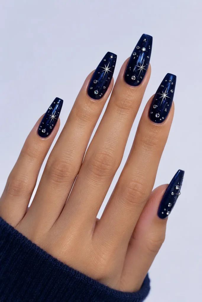 Midnight blue almond nails decorated with tiny silver stars and sparkling crystals.