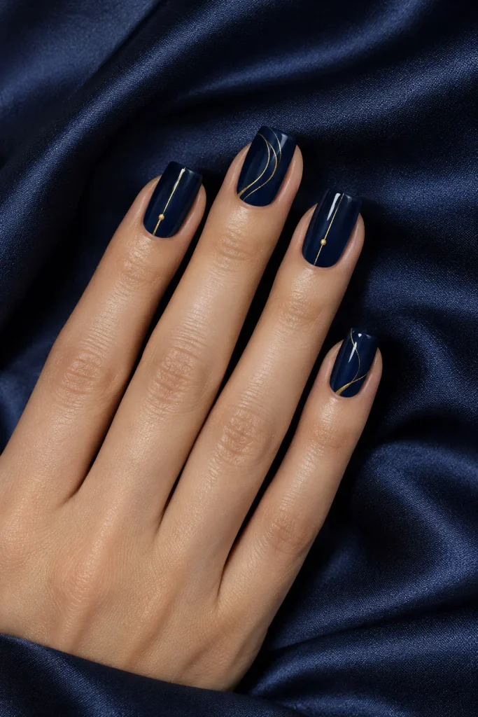 Medium square nails featuring midnight navy polish and fine gold lines