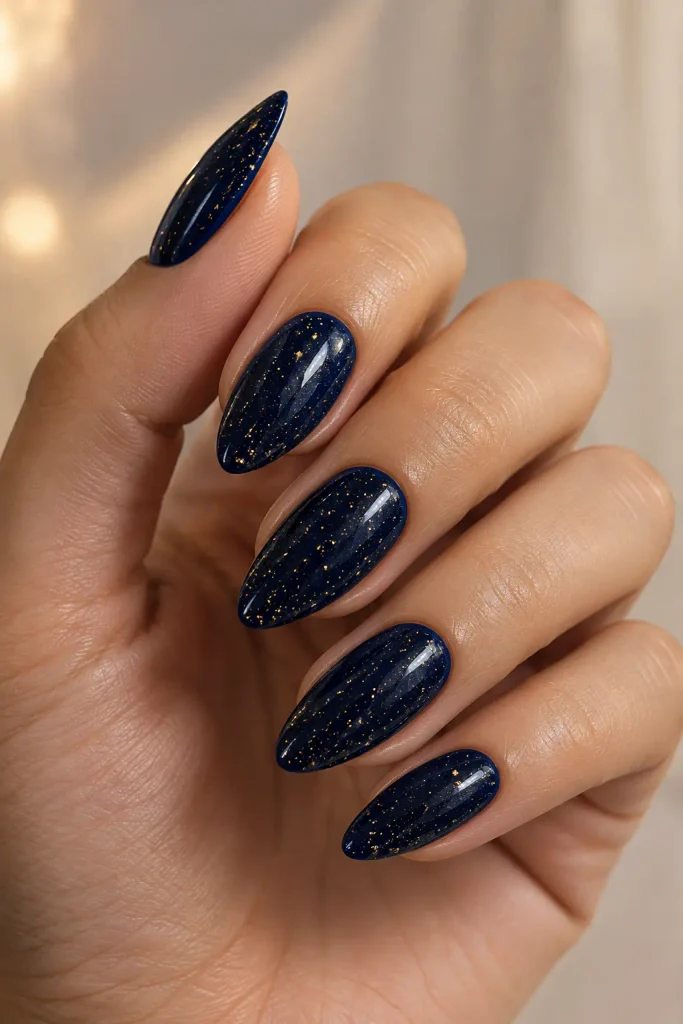 Midnight navy bridal nails scattered with delicate golden speckles
