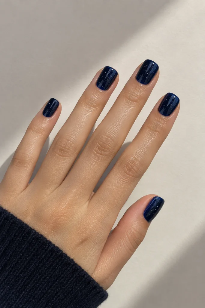 Midnight navy nails with tiny silver starry glitter