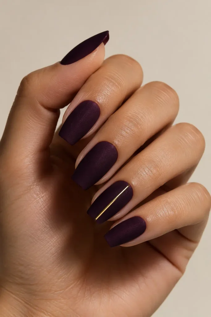 Midnight plum dip nails with one thin gold line