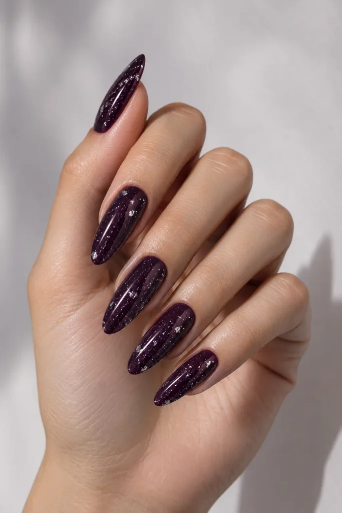 Midnight plum nails accented with delicate silver star flakes