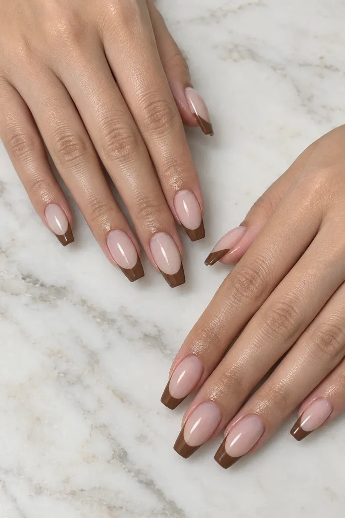 Milk chocolate French tips on sheer nude coffin nails