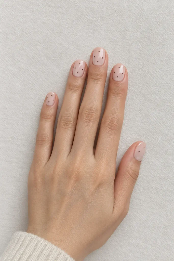 Milky nude nails featuring tiny espresso brown pin dots