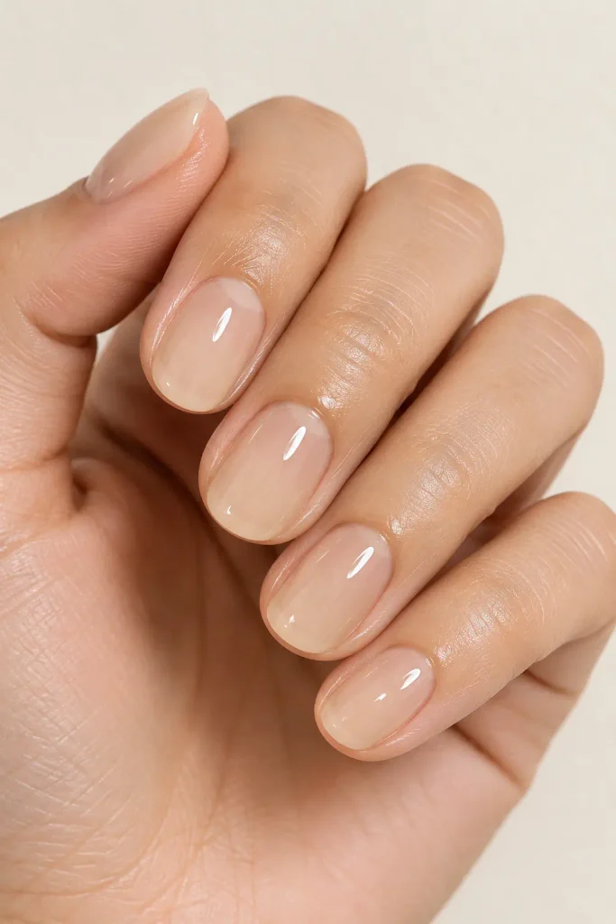 Short milky oat nails with sheer beige glossy layers