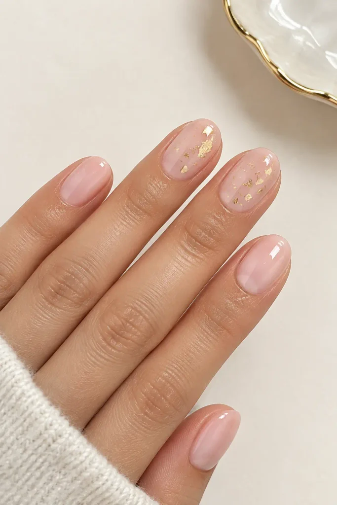 Milky pink nails decorated with delicate gold leaf flakes