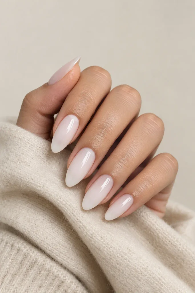Milky white almond nails with a sheer glossy finish