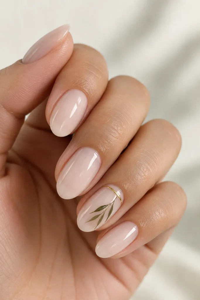 Minimal olive leaf nail art with fine gold accents
