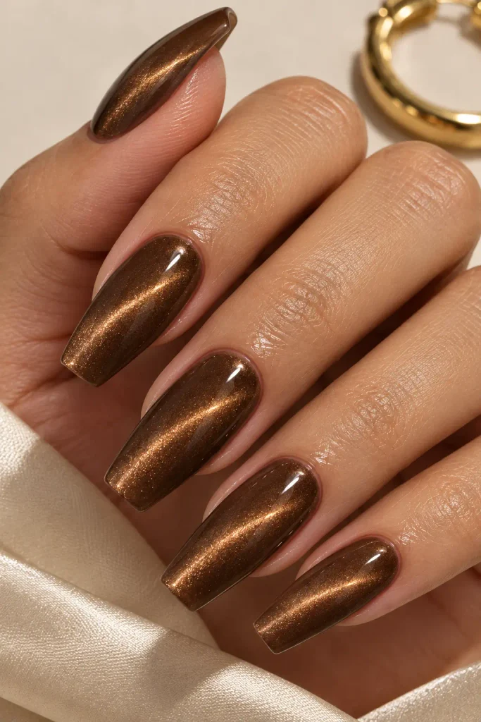 Mocha brown cat eye nails with velvet magnetic shimmer