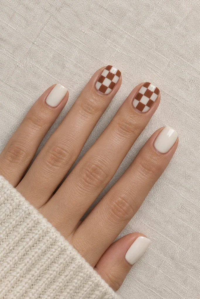 Short square nails with mocha and cream checkerboard pattern