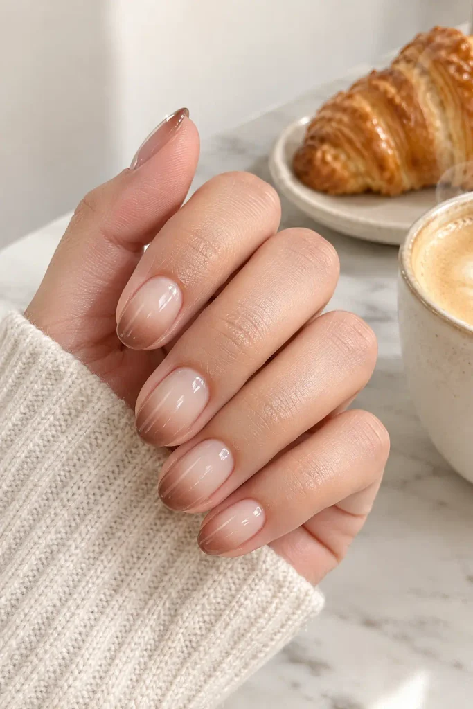 Milky white ombre nails fading into warm mocha brown