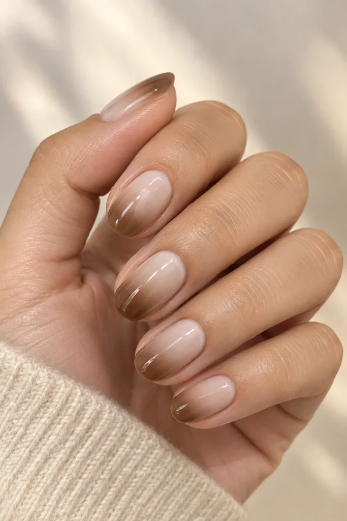 Mocha milk ombre nails with a soft creamy fade