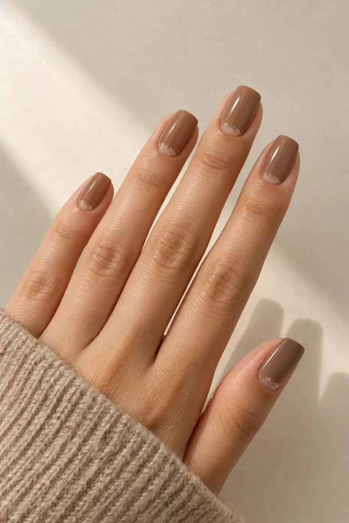 Mocha nails featuring half-moon shapes outlined with glitter