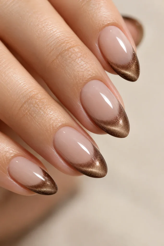 Mocha brown magnetic cat-eye French tips on short almond nails.