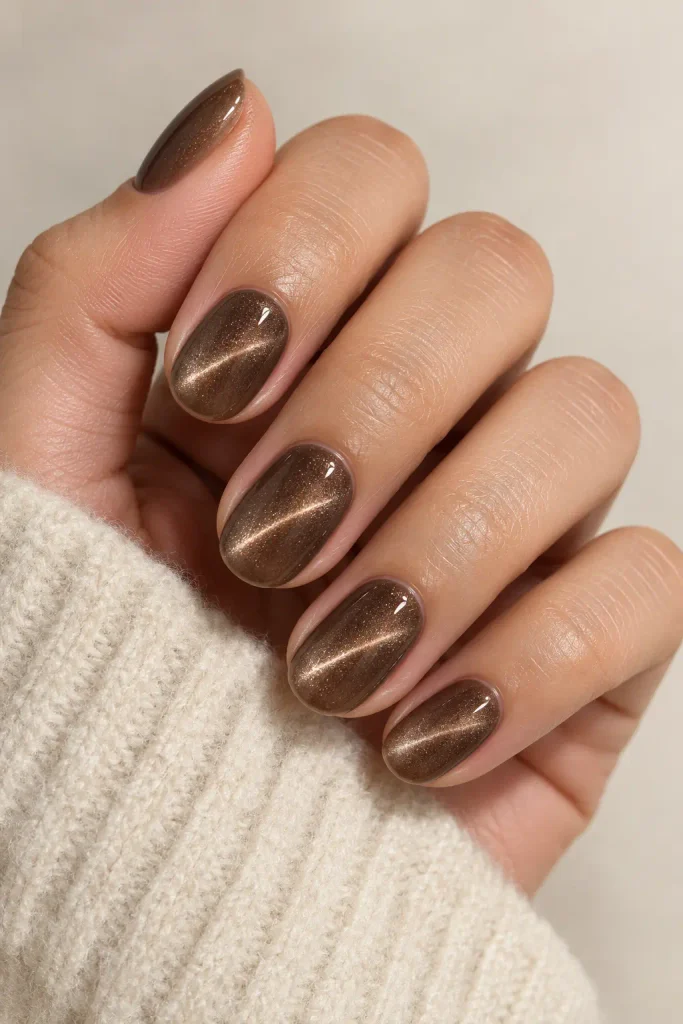 Short mocha velvet cat eye gel nails with shimmer