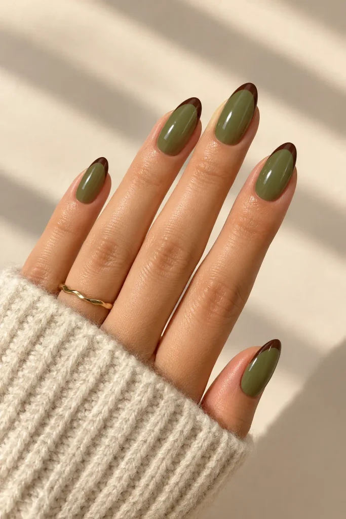 Moss green nails with elegant chocolate brown French tips