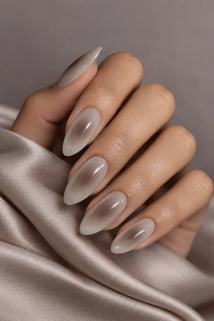 Mushroom beige nails with softly blurred taupe aura centers
