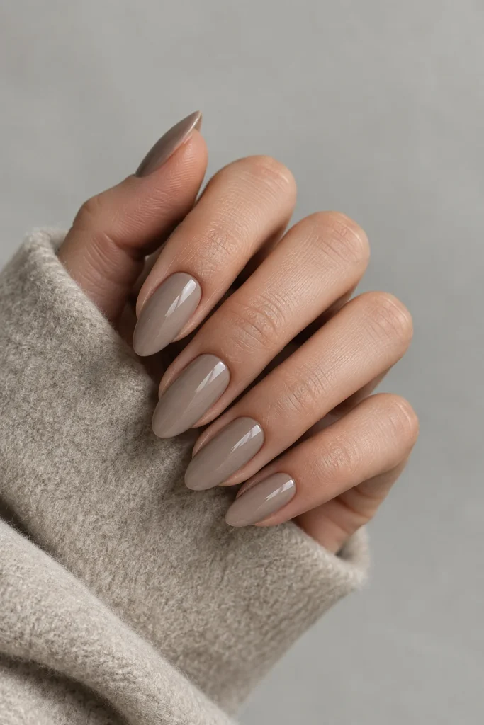 Mushroom taupe cream polish on medium almond nails
