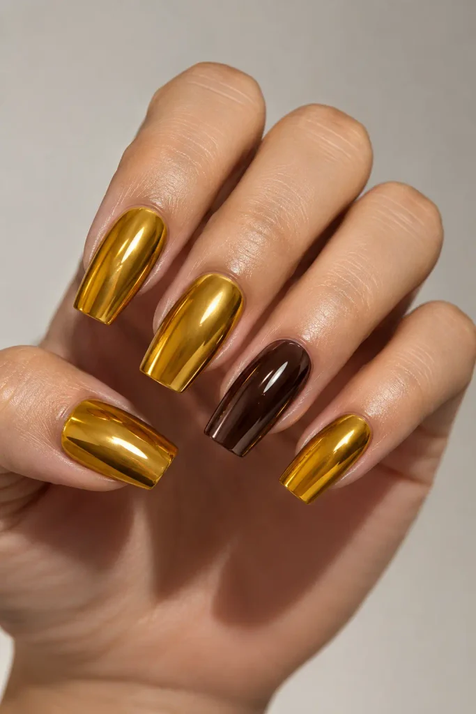 Mustard chrome nails with reflective golden metallic shine