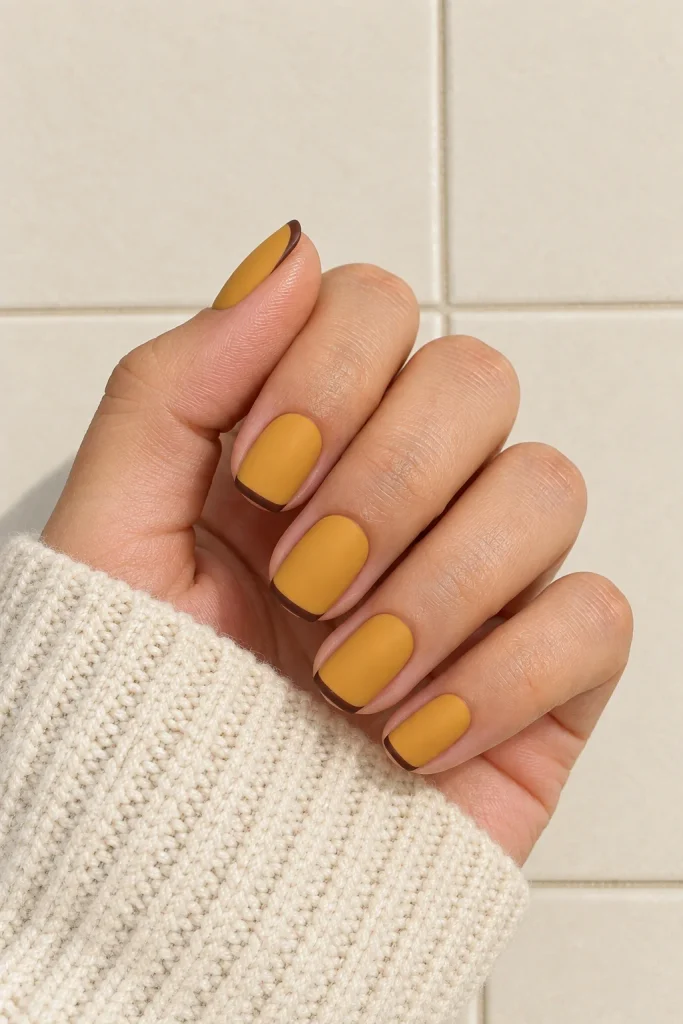 Mustard matte nails with chocolate micro French tips