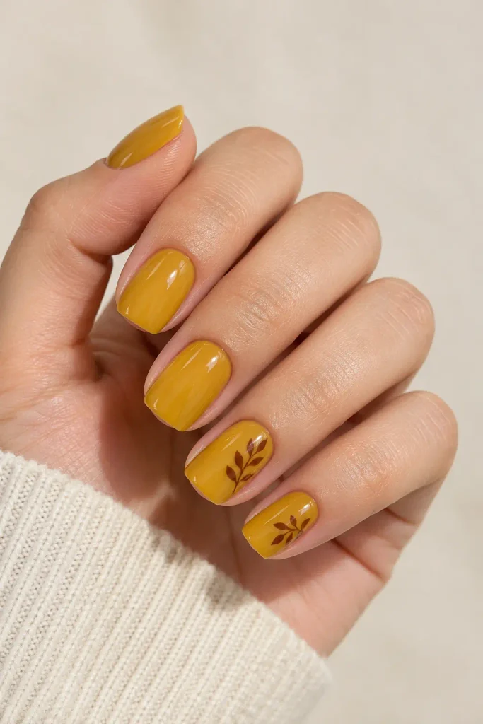 Mustard yellow short square nails with delicate brown autumn leaf accents.