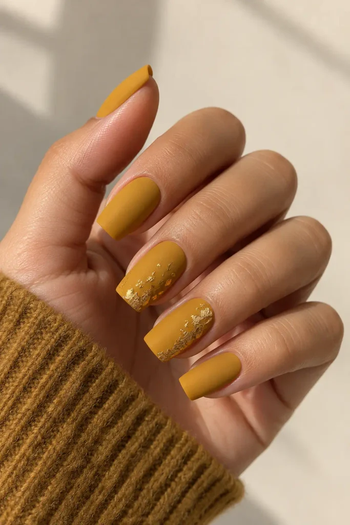 Medium square mustard yellow acrylic nails with a matte finish and delicate gold foil accents.