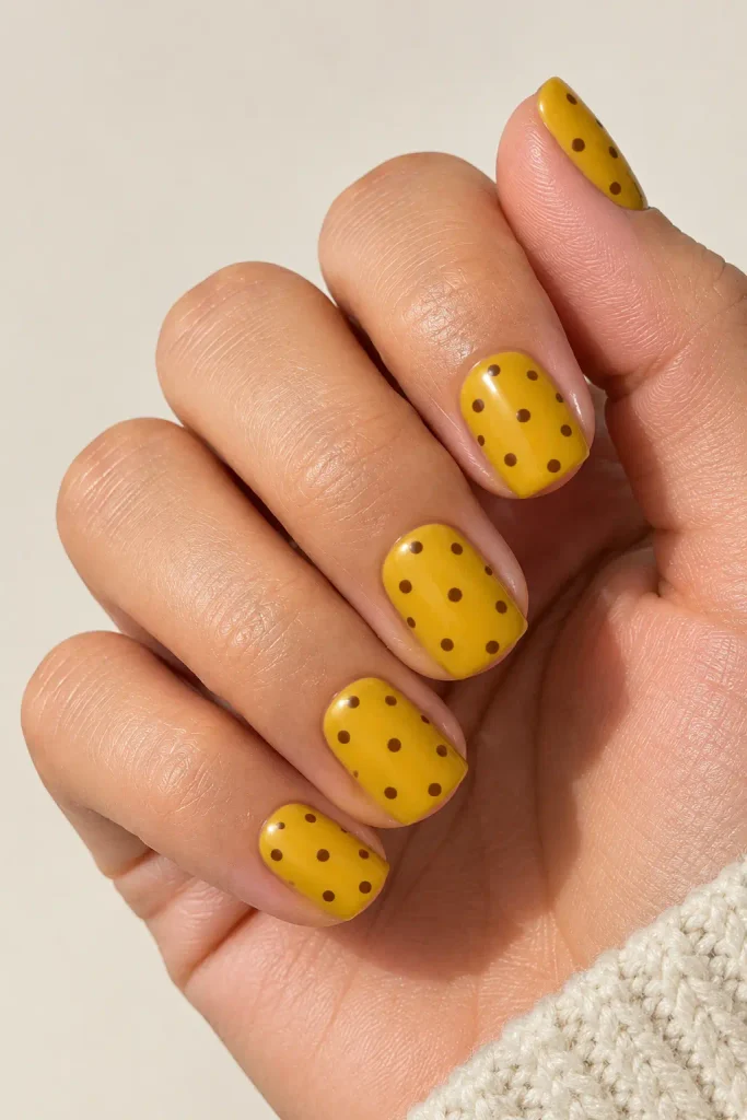 Mustard yellow square nails decorated with contrasting retro dots